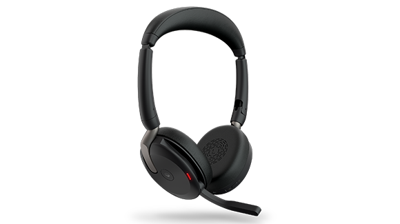 Jabra Evolve2 65 Flex Headset mit heruntergeklapptem Mikrofonarm und aktivem Busylight